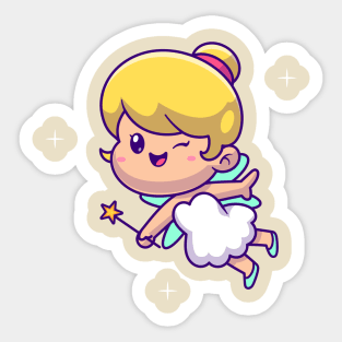 Cute Fairy Floating With Magic Wand Cartoon Sticker